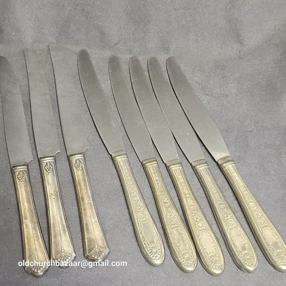 7 Vintage Silver Plated Table Dinner Knives 9”- 2 Different Patterns